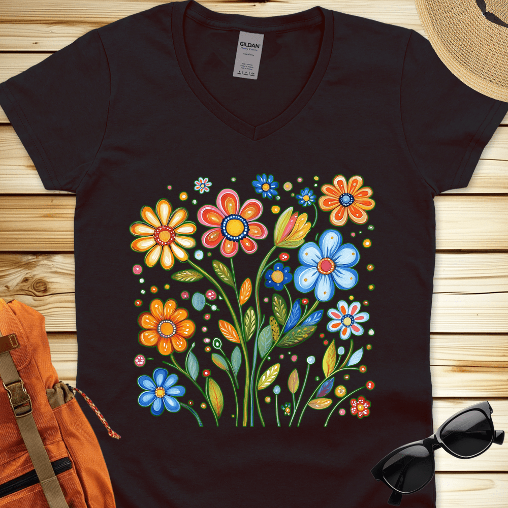 1687 Painted Flowers V-Neck Tshirt - Black