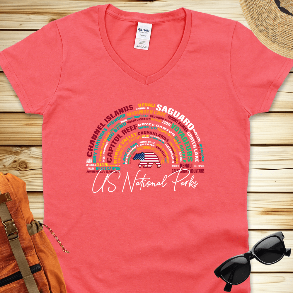 1512 National Parks Word Art V-Neck Tshirt - Coral Silk