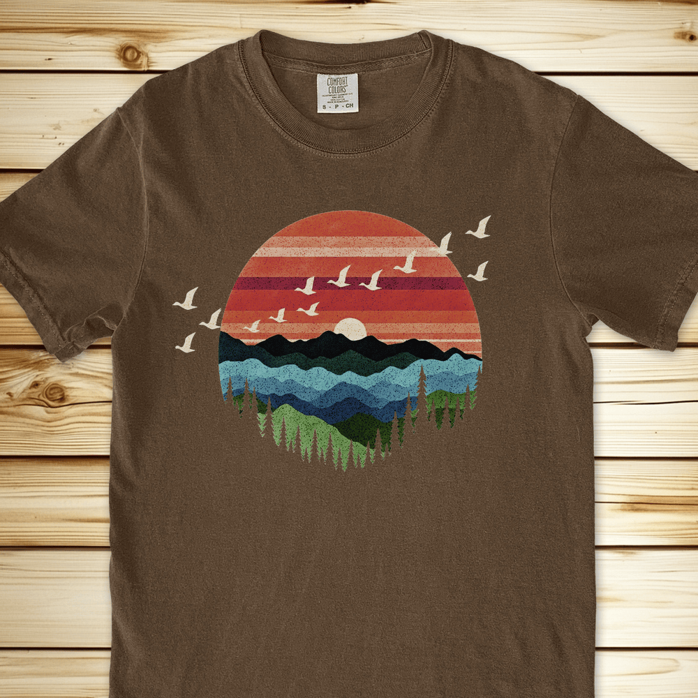 Retro Mountain Birds Relaxed Fit Tee - Espresso