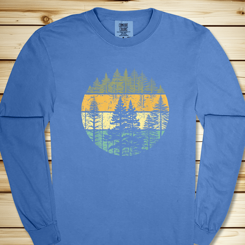 2271 Distressed Woodsy Trees Long Sleeve Tshirt - Flo Blue