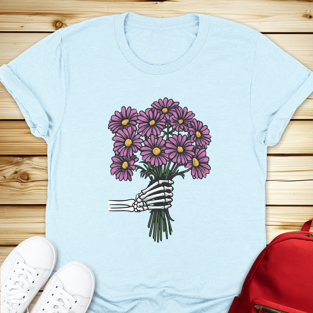 Skeleton Daisies Bouquet Tshirt - Heather Ice Blue
