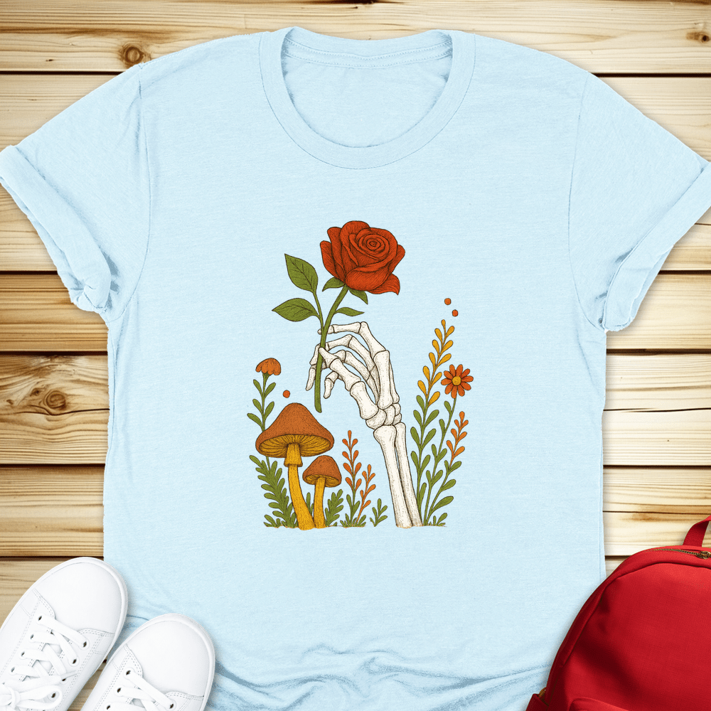 2168 Skeleton Hand With Rose Tshirt - Heather Ice Blue