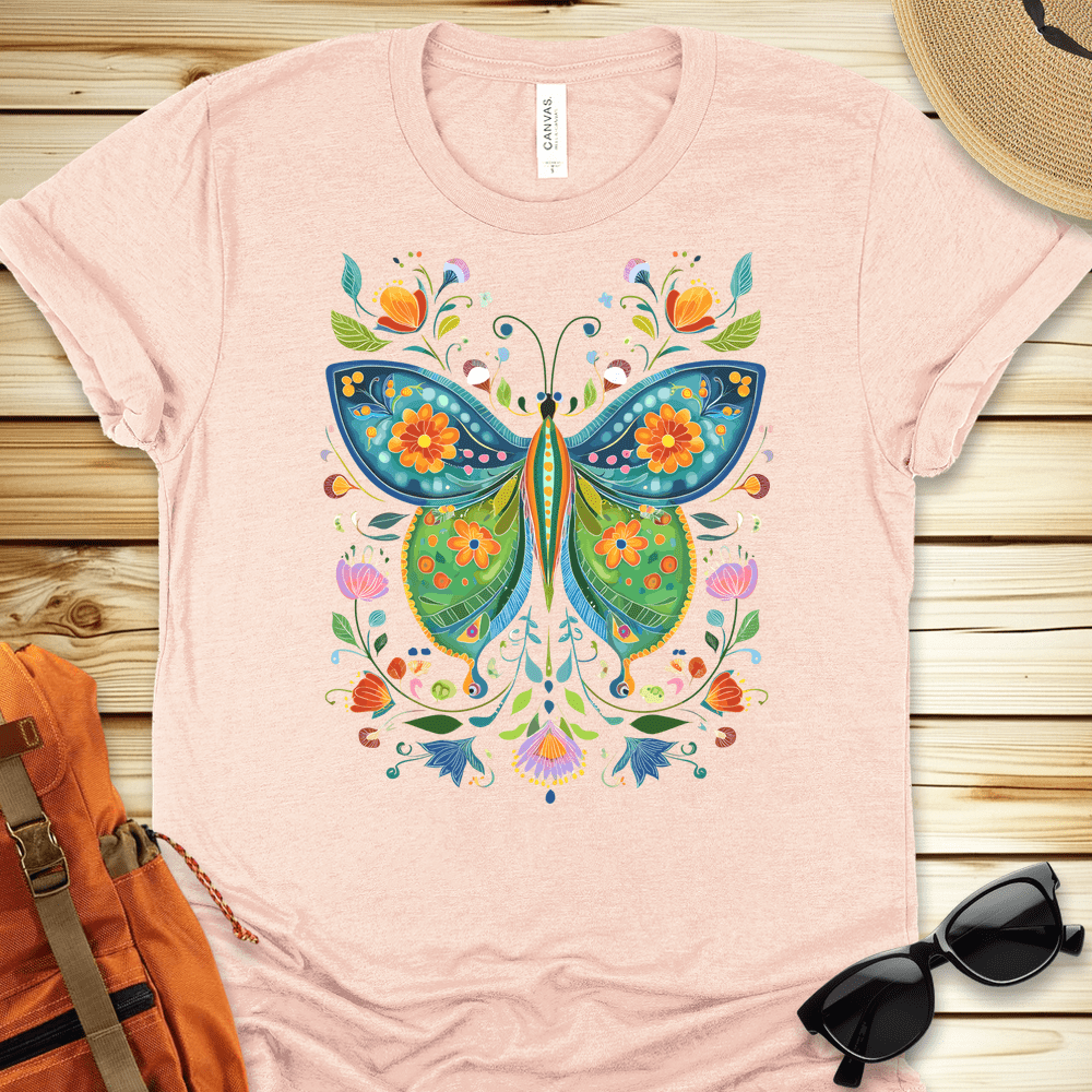 1934 Butterfly Folkart Tshirt - Heather Peach