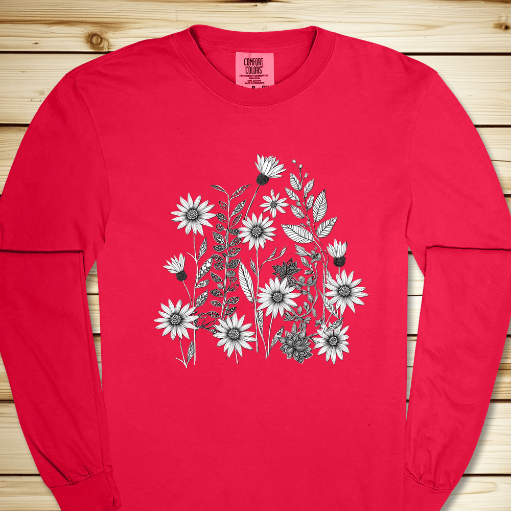 Monochrome Wildflowers Long Sleeve Tshirt - Red