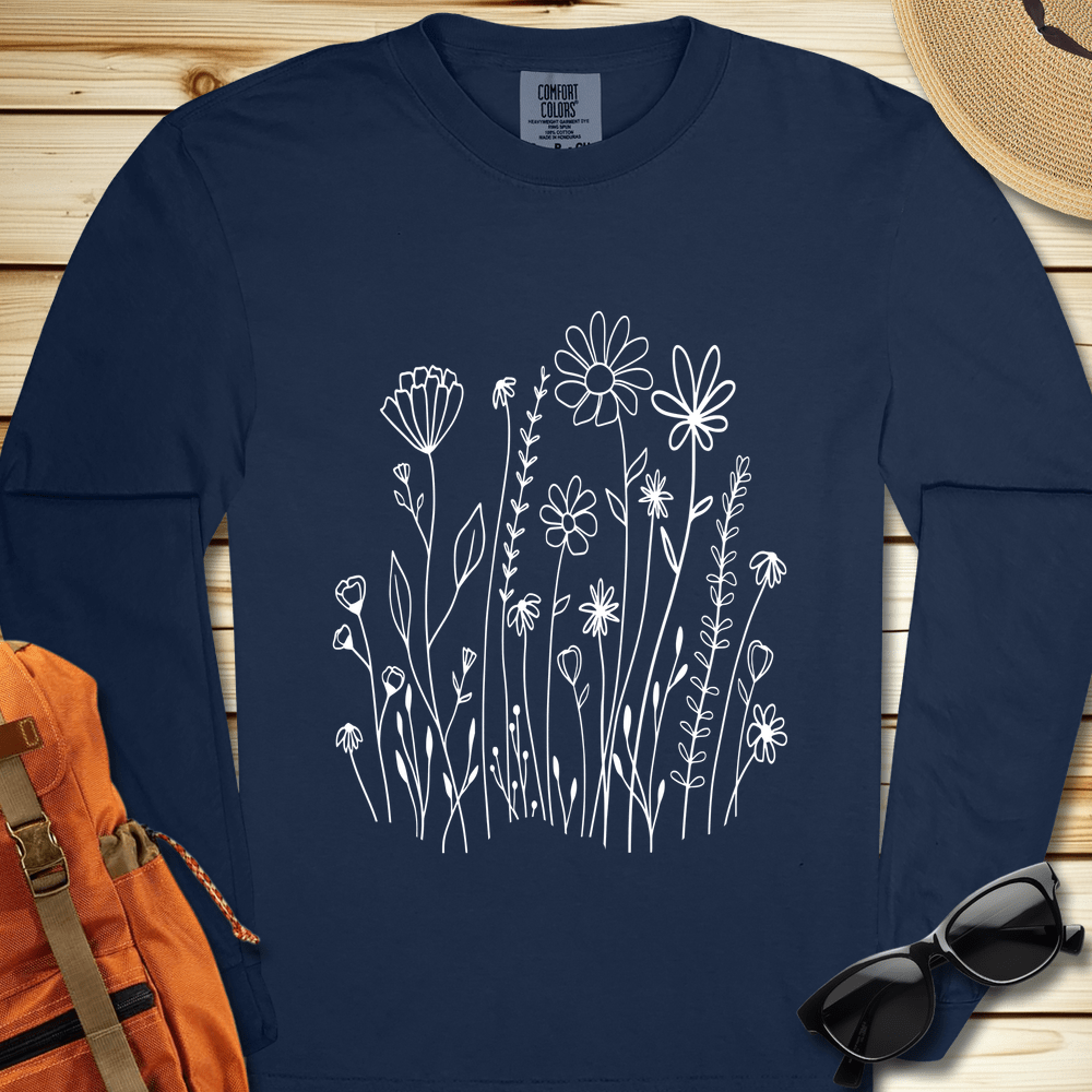 1648 White Wildflowers Long Sleeve Tshirt - True Navy