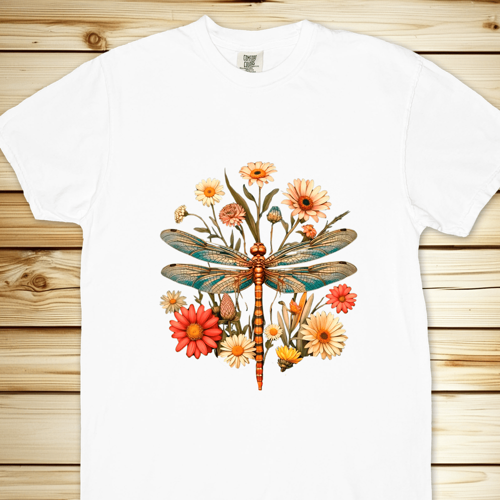 Dragonfly Flowers Relaxed Fit Tee - White