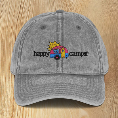 Happy Camper Vintage Embroidered Baseball Cap