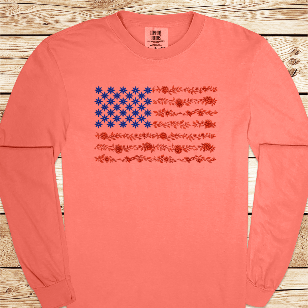 US Flag in Flowers Long Sleeve Tshirt - Ramblin Road