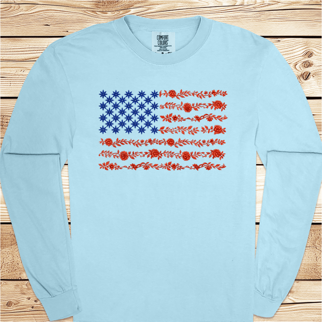 US Flag in Flowers Long Sleeve Tshirt - Ramblin Road