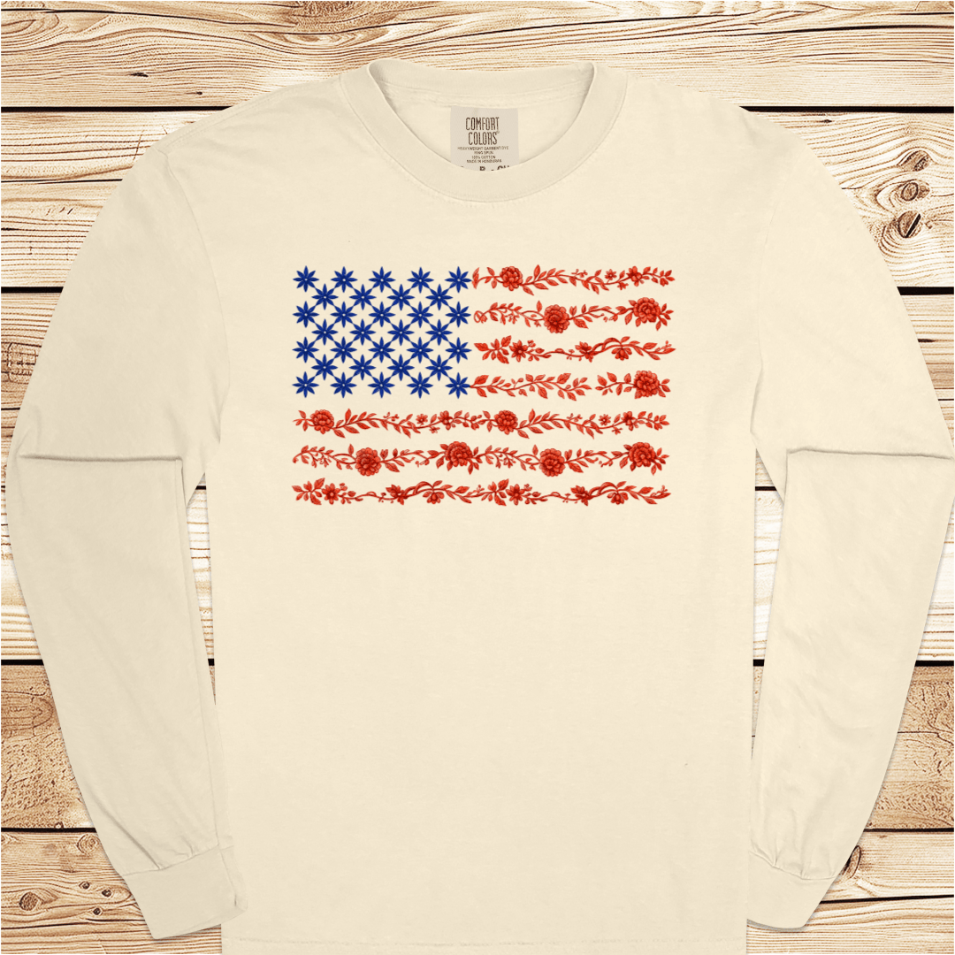 US Flag in Flowers Long Sleeve Tshirt - Ramblin Road