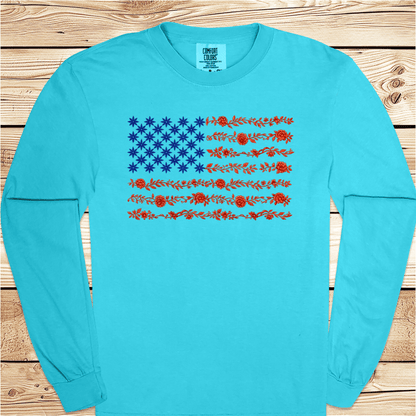 US Flag in Flowers Long Sleeve Tshirt - Ramblin Road