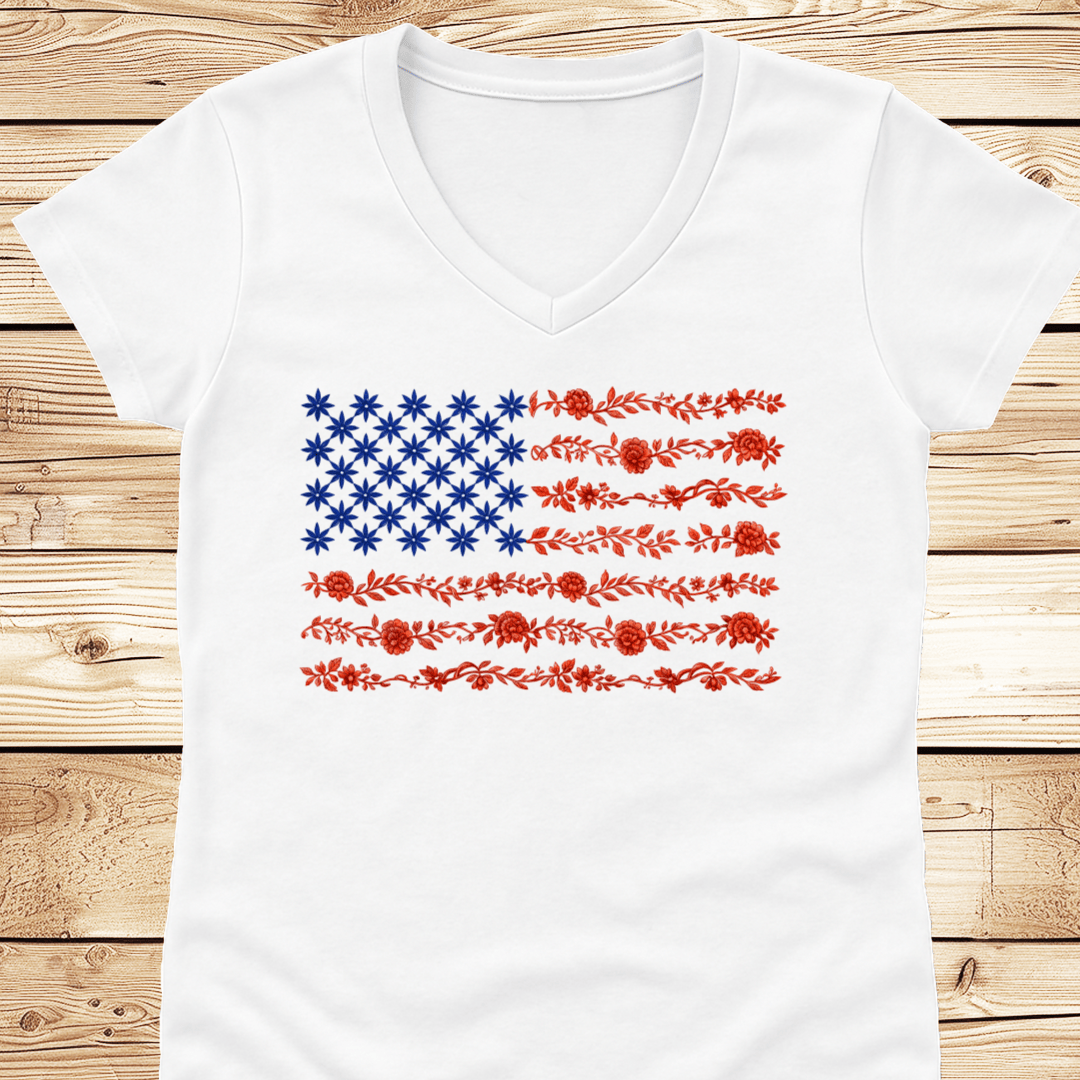 US Flag in Flowers V-Neck - Ramblin Road