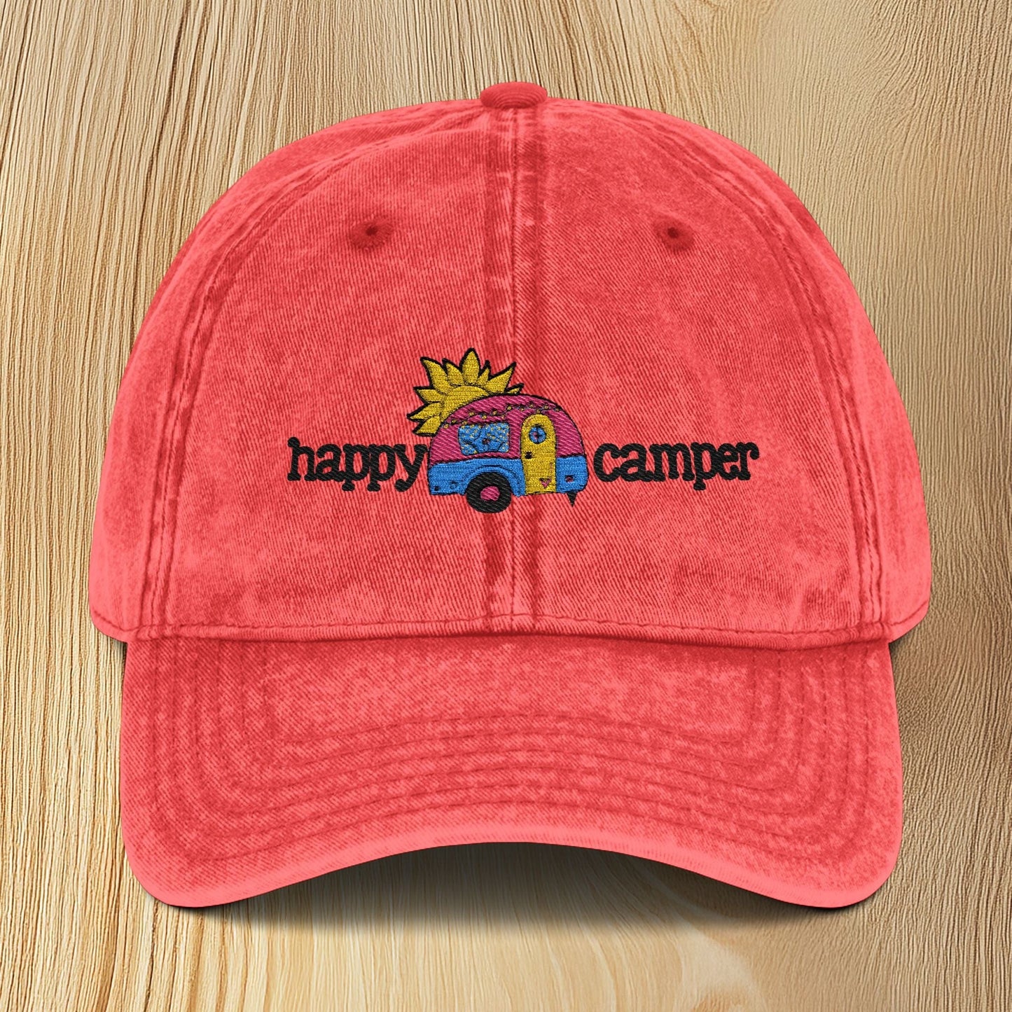 Happy Camper Vintage Embroidered Baseball Cap