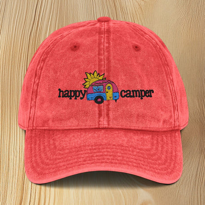 Happy Camper Vintage Embroidered Baseball Cap