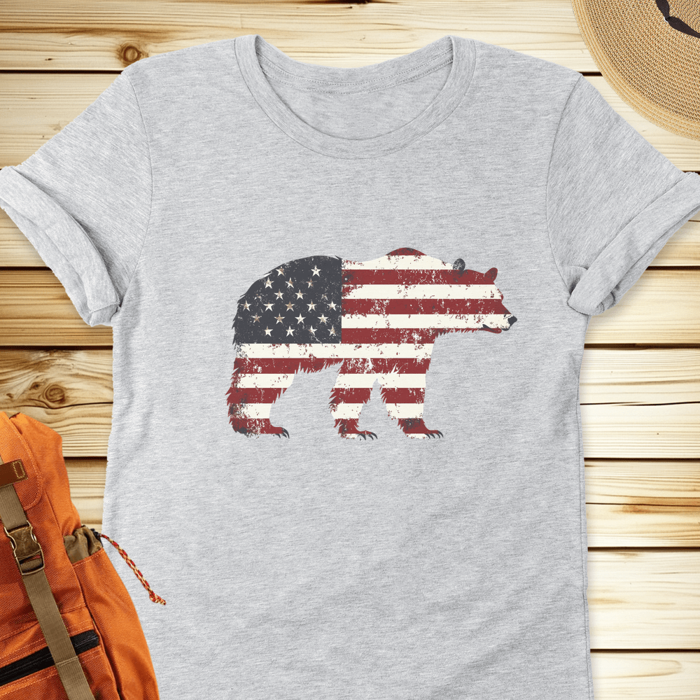 1998 American Flag Grizzly Bear Tshirt - Athletic Heather