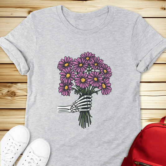 Skeleton Daisies Bouquet Tshirt - Athletic Heather