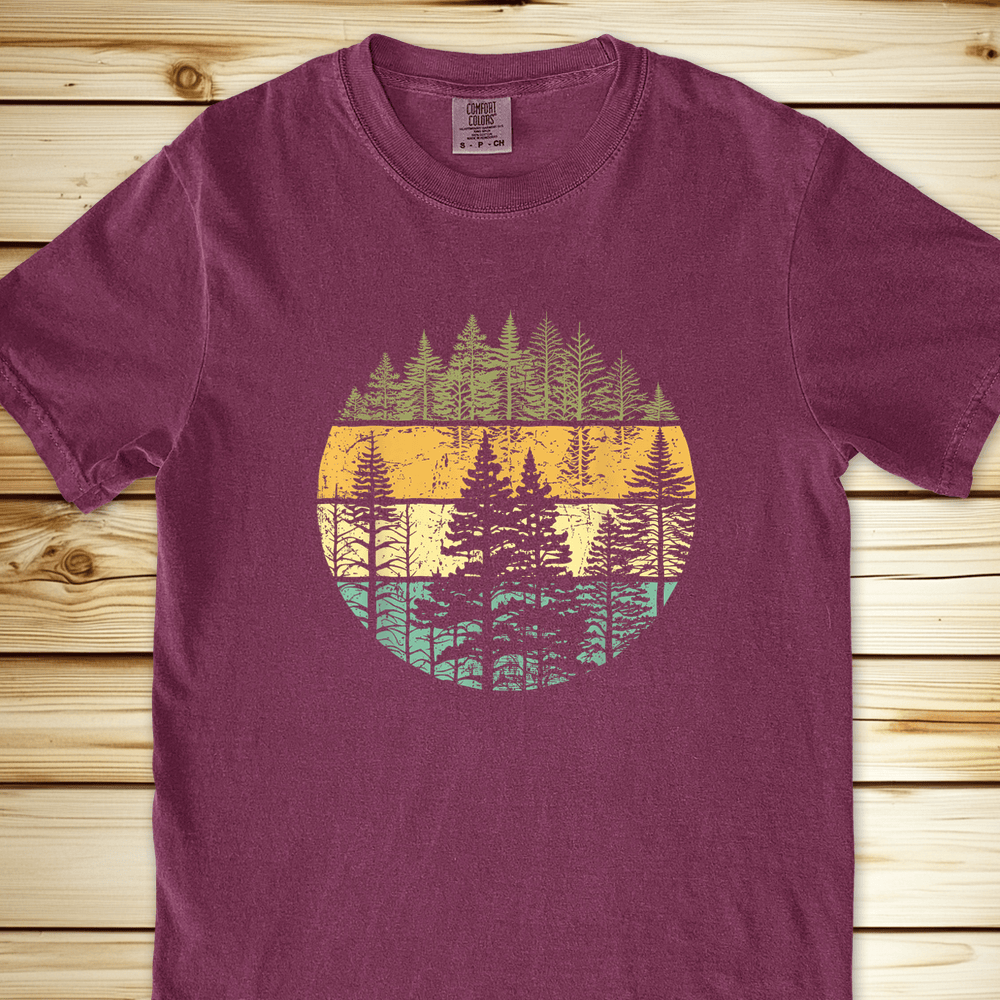 2271 Distressed Woodsy Trees Relaxed Fit Tee - Berry