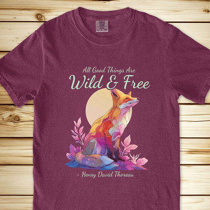 Wild And Free Thoreau Quote Relaxed Fit Tee - Berry