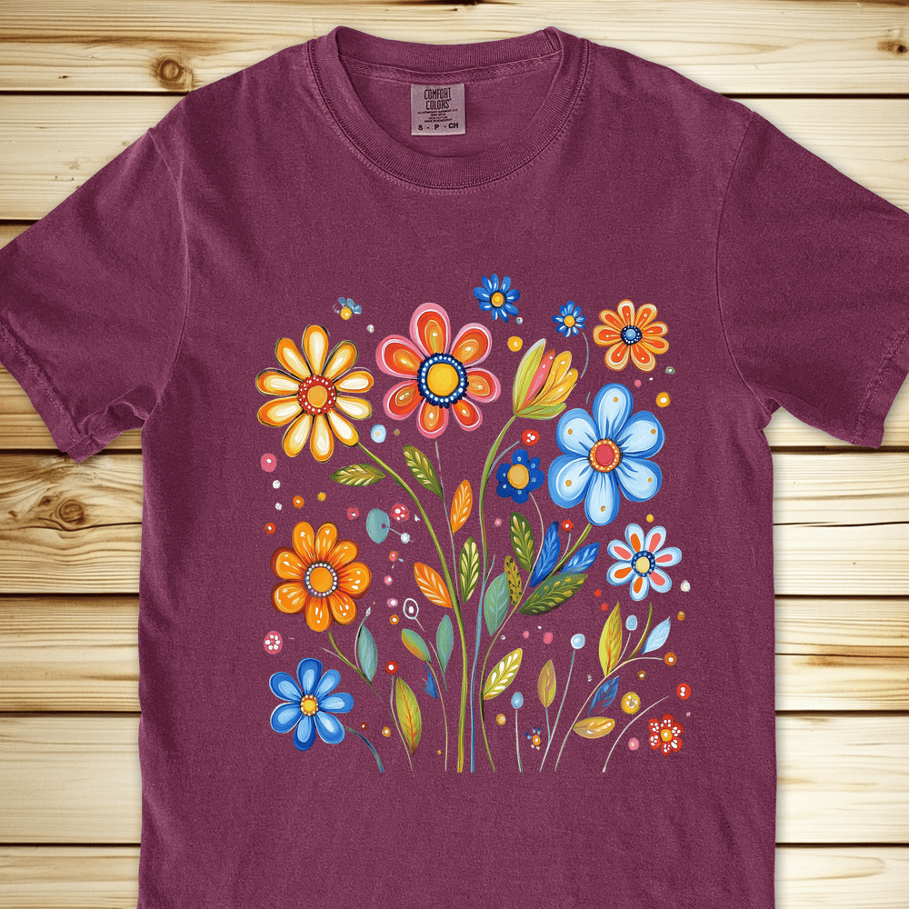 1687 Painted Flowers Relaxed Fit Tee - Berry