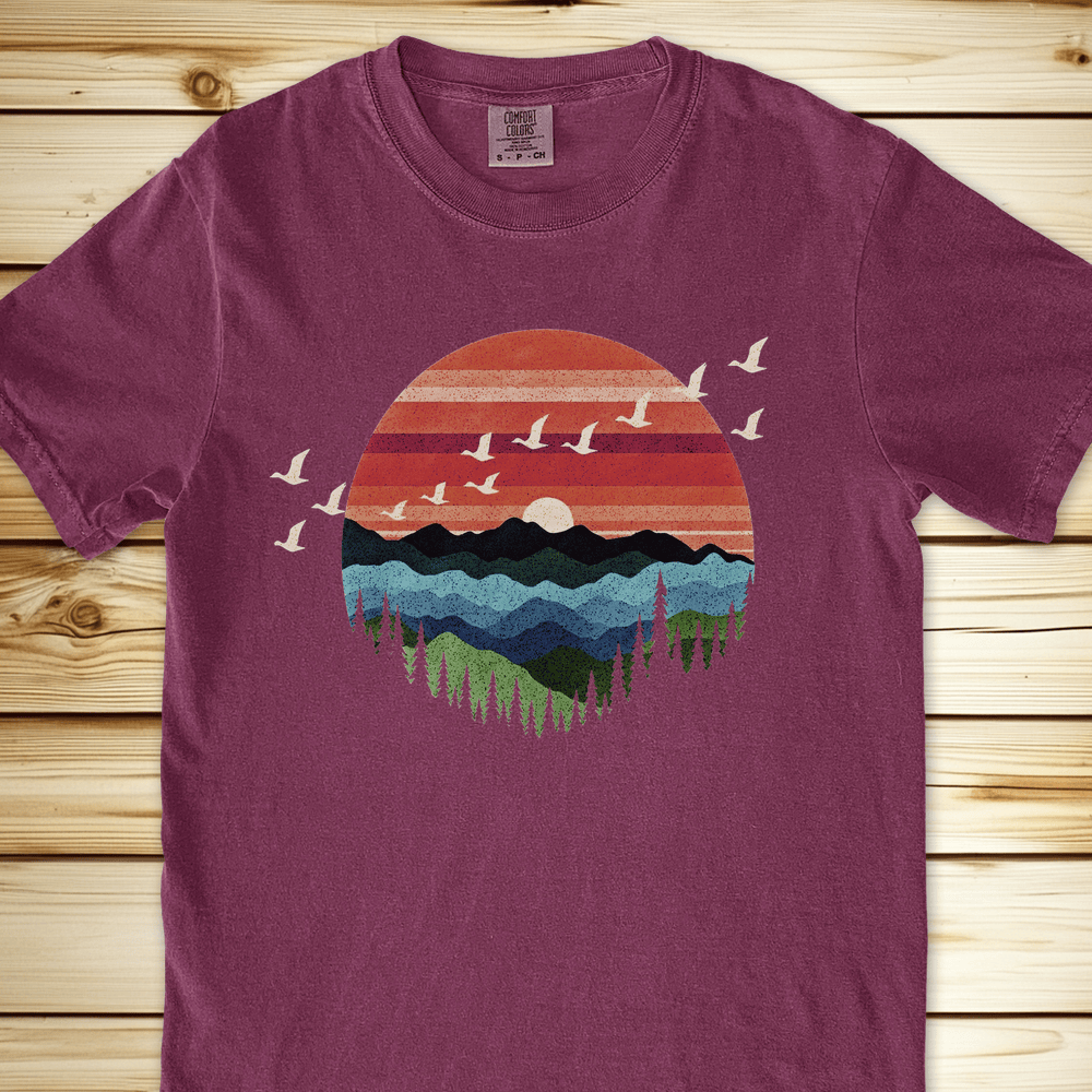 Retro Mountain Birds Relaxed Fit Tee - Berry