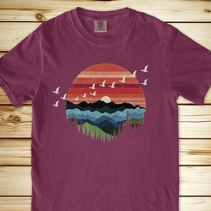 Retro Mountain Birds Relaxed Fit Tee - Berry