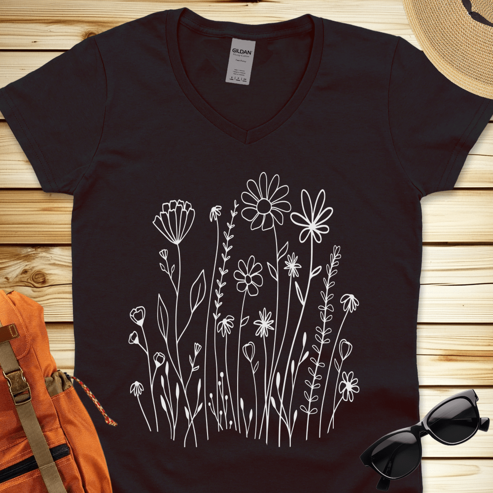 1648 White Wildflowers V-Neck Tshirt - Black