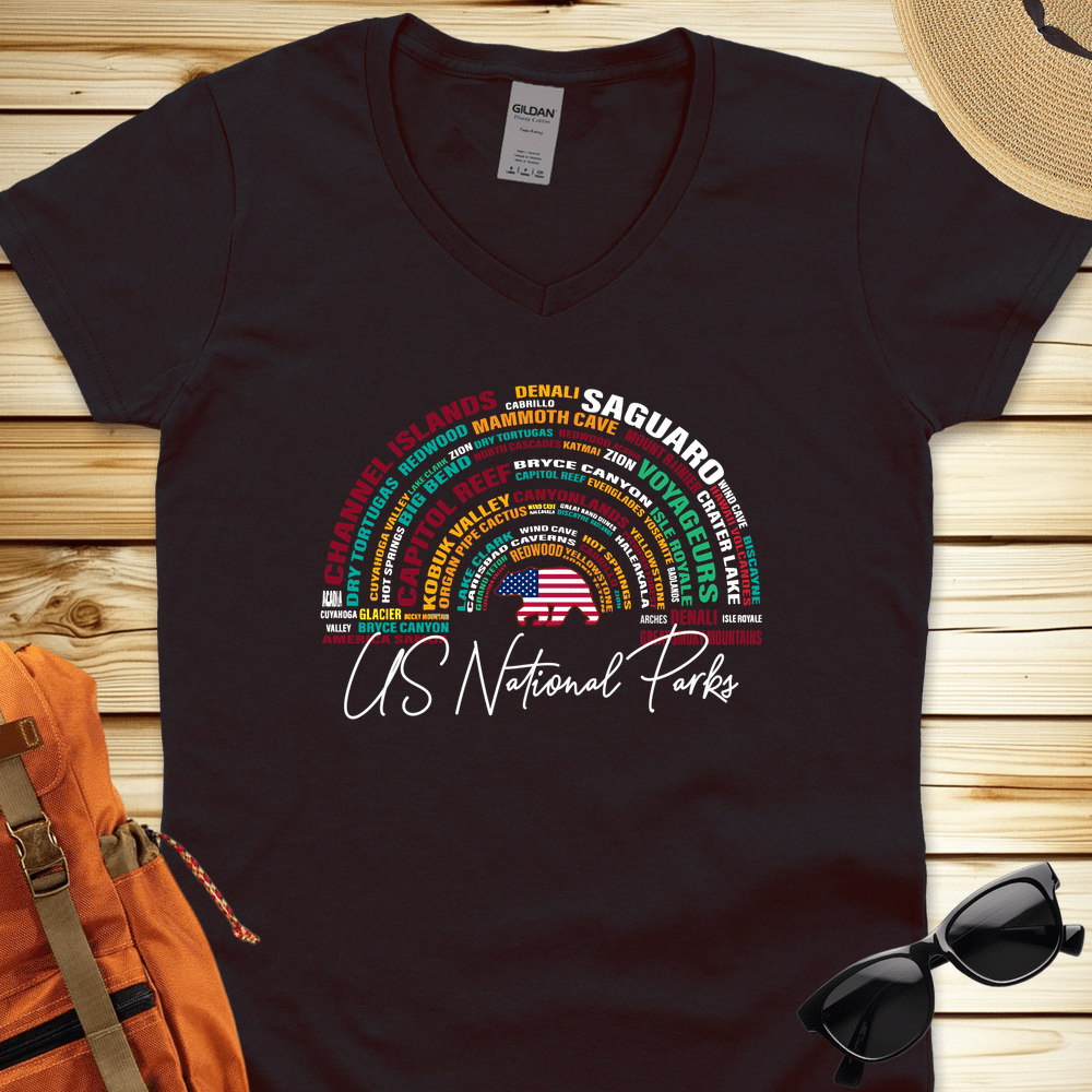 1512 National Parks Word Art V-Neck Tshirt - Black