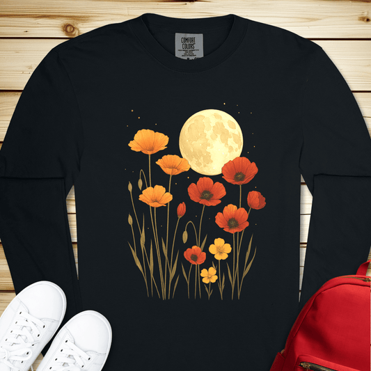 Poppies In The Moonlight Long Sleeve Tshirt - Black