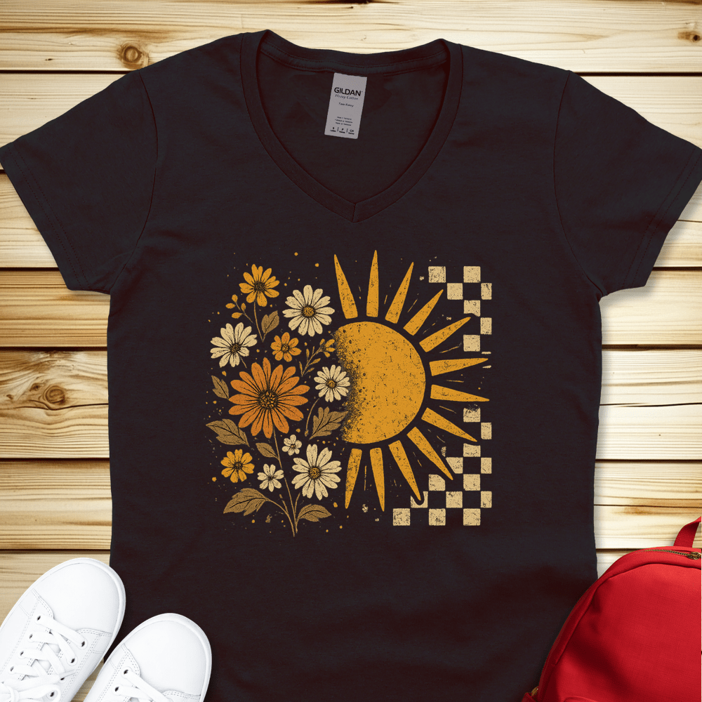 Checkerboard Floral Sun V-Neck - Black