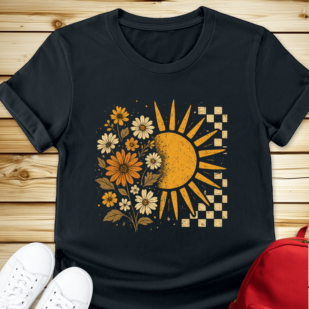 Checkerboard Floral Sun Tshirt - Black