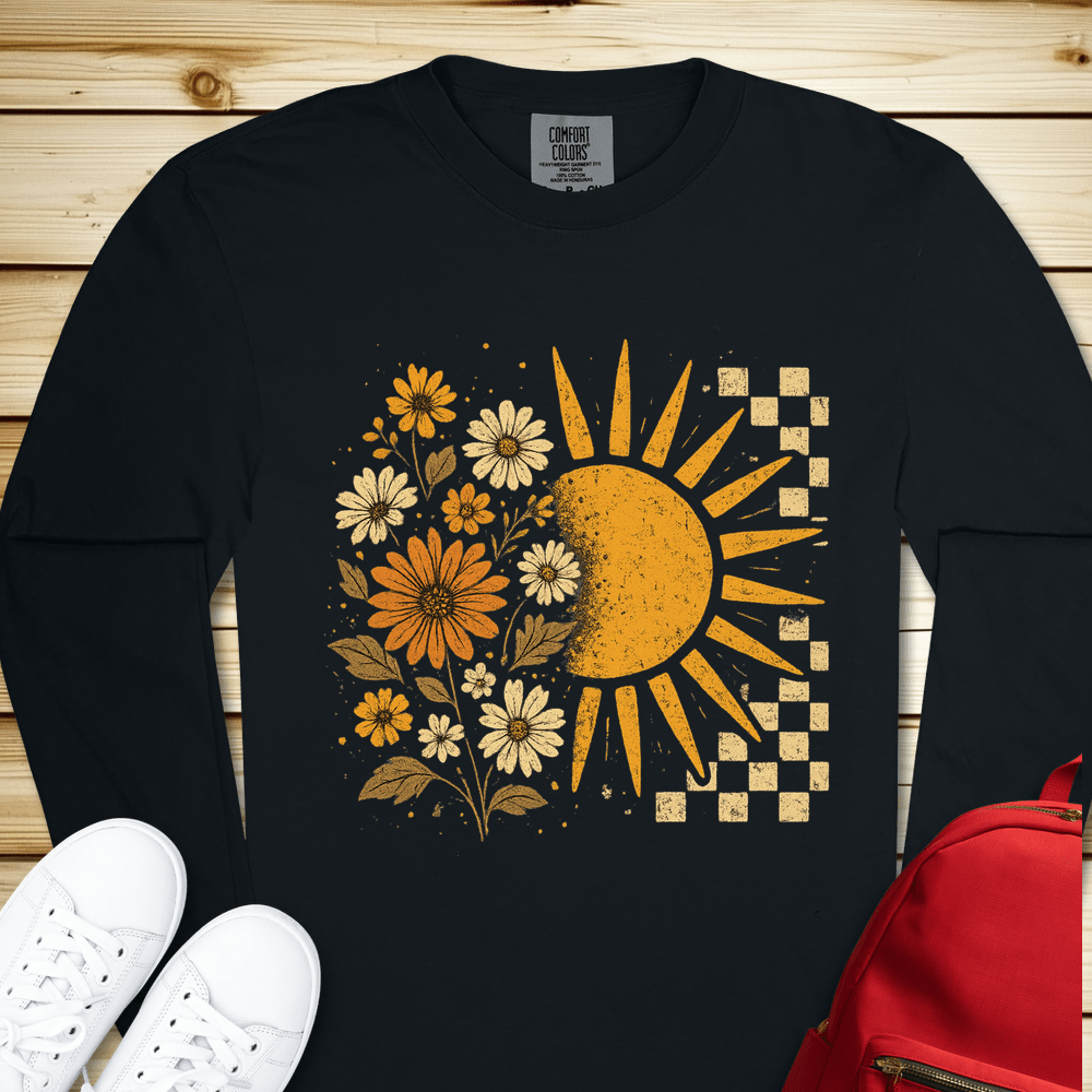 2187 Checkerboard Floral Sun Long Sleeve Tshirt - Black