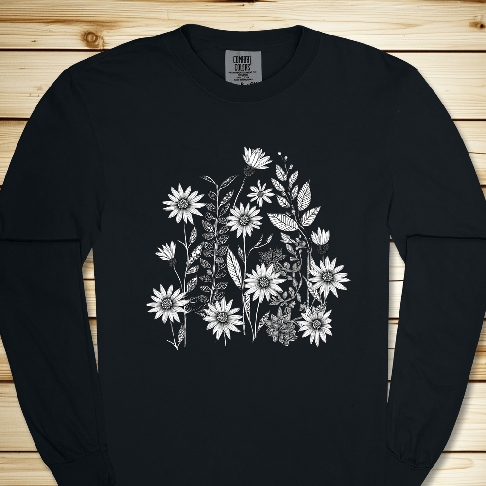 Monochrome Wildflowers Long Sleeve Tshirt - Black