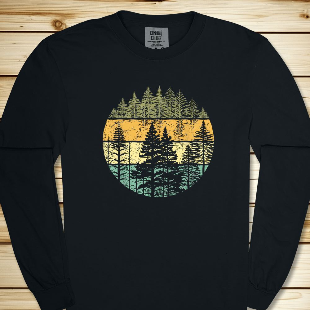 2271 Distressed Woodsy Trees Long Sleeve Tshirt - Black
