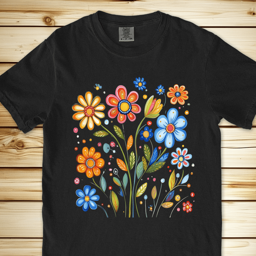 1687 Painted Flowers Relaxed Fit Tee - Black