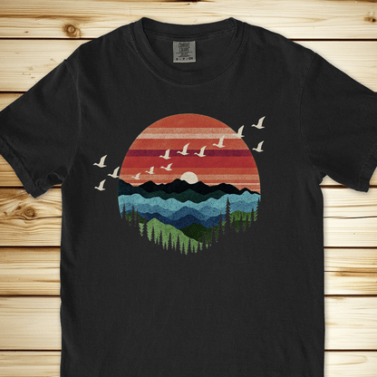 Retro Mountain Birds Relaxed Fit Tee - Black