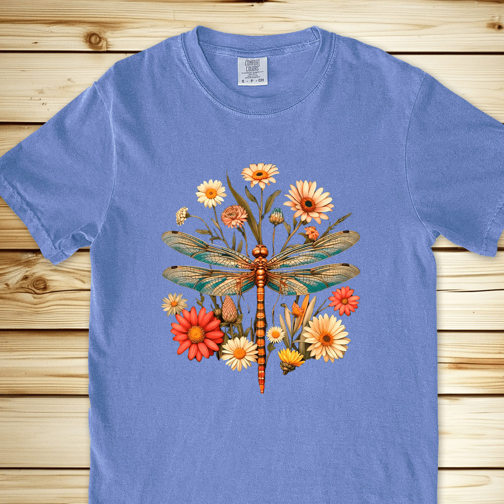 Dragonfly Flowers Relaxed Fit Tee - Blue Jean