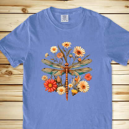 Dragonfly Flowers Relaxed Fit Tee - Blue Jean