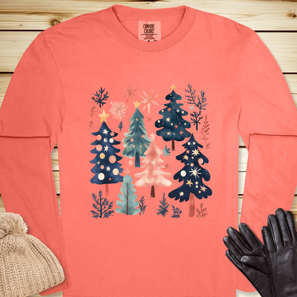 1686 Xmas Tree Long Sleeve Tshirt - Bright Salmon