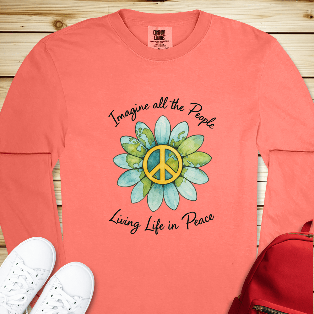 2058 Imagine All The People Long Sleeve Tshirt - Bright Salmon