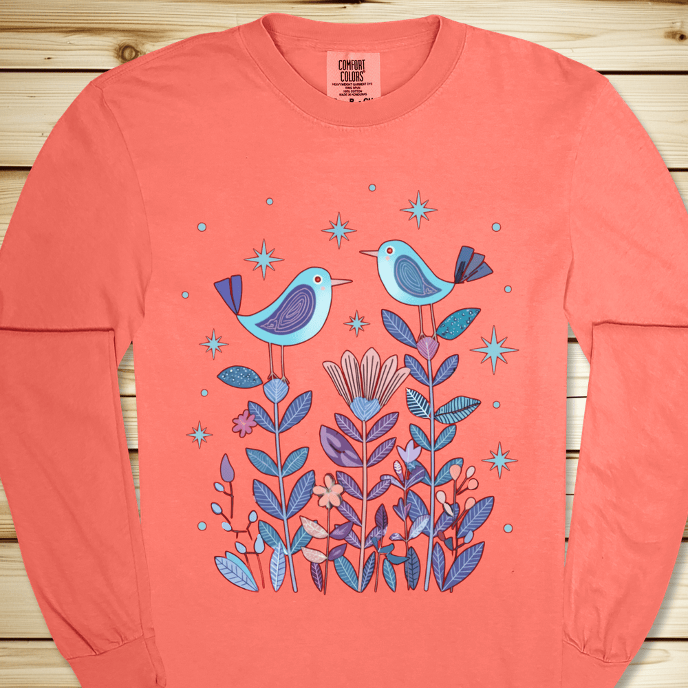 2277 Birds In Twilight Long Sleeve Tshirt - Bright Salmon