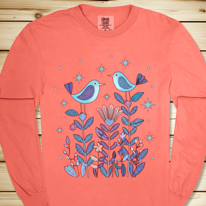 2277 Birds In Twilight Long Sleeve Tshirt - Bright Salmon