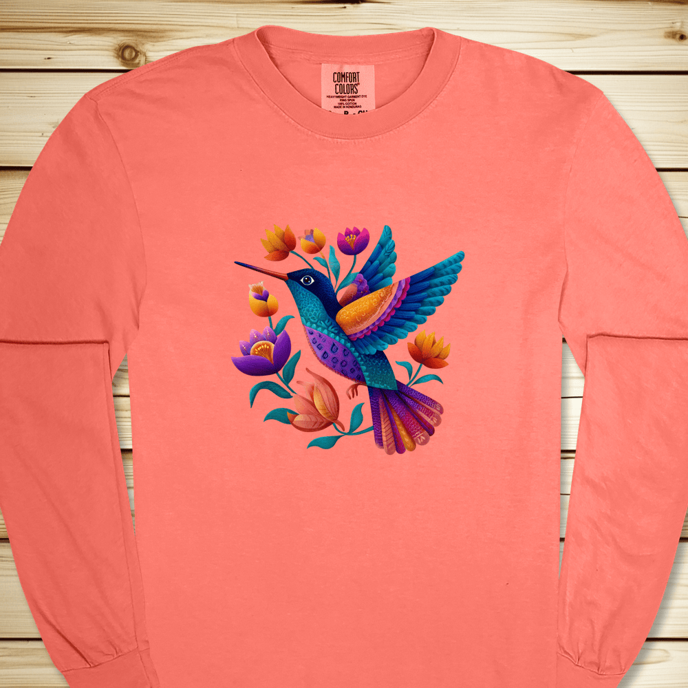 Colorful Humingbird Long Sleeve Tshirt - Bright Salmon