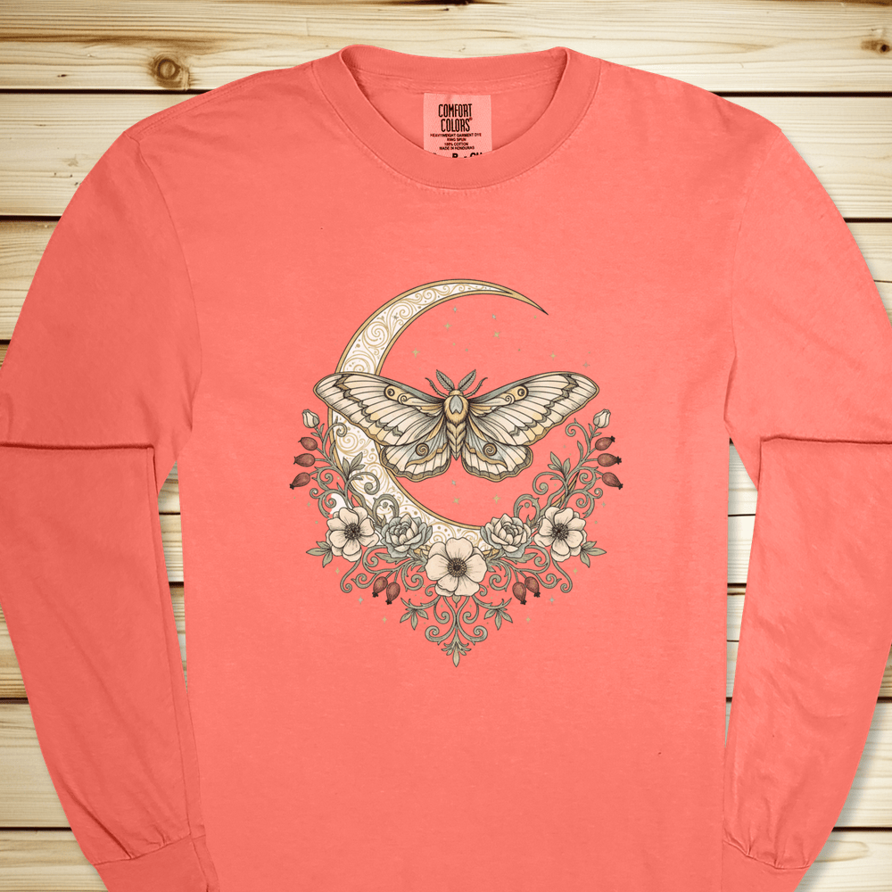 Green Moth Crescent Moon Long Sleeve Tshirt - Bright Salmon