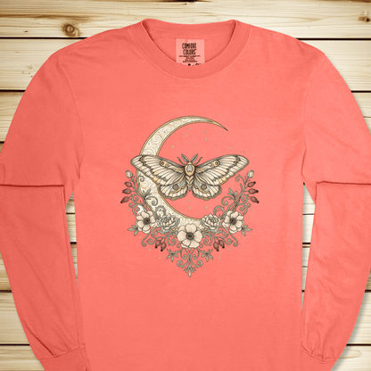 Green Moth Crescent Moon Long Sleeve Tshirt - Bright Salmon
