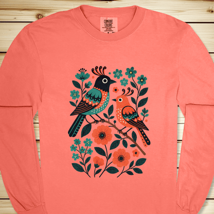 2276 Birds In Bramble Long Sleeve Tshirt - Bright Salmon