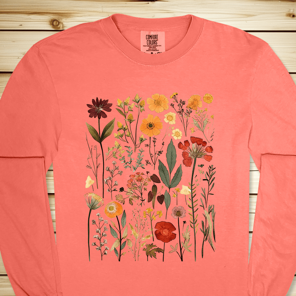 Vintage Pressed Flowers Long Sleeve Tshirt - Bright Salmon