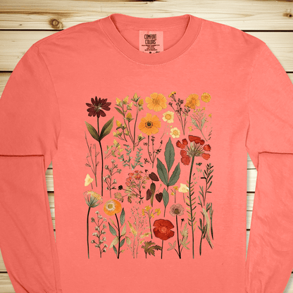 Vintage Pressed Flowers Long Sleeve Tshirt - Bright Salmon