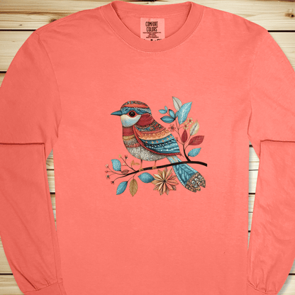 Fancy Pants Bird Long Sleeve Tshirt - Bright Salmon