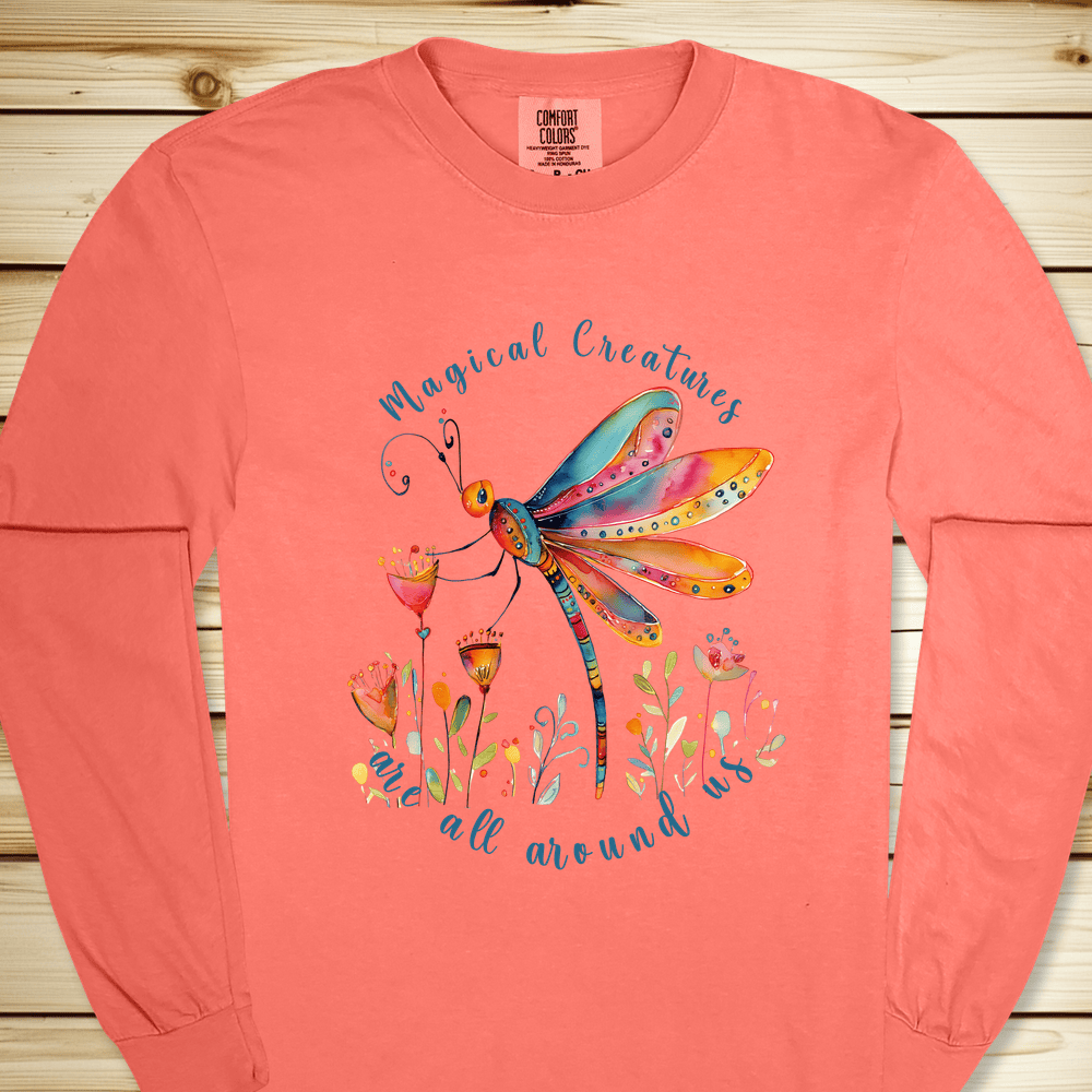 1935 Magical Dragonfly Long Sleeve Tshirt - Bright Salmon