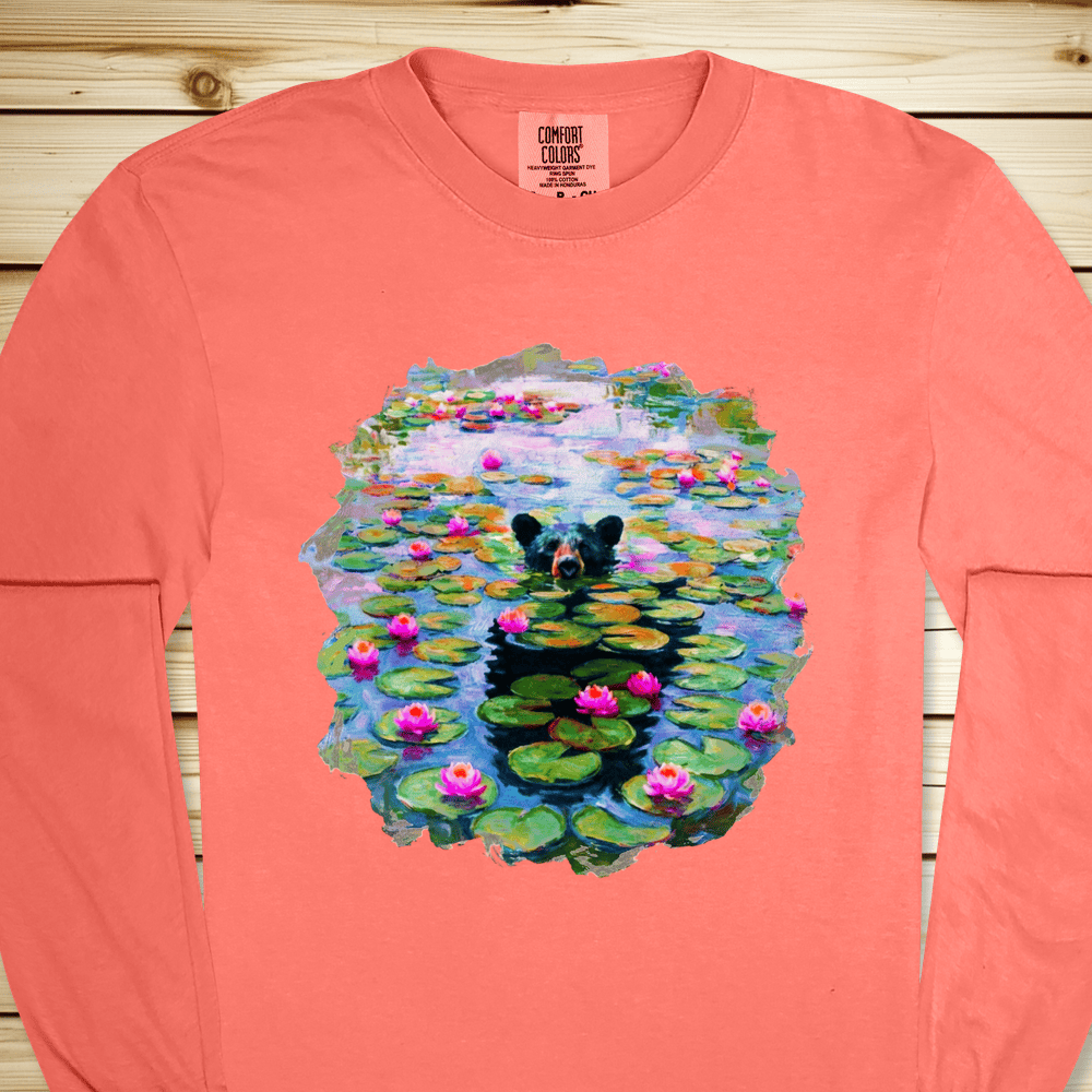 Bear And Water Lillies Long Sleeve Tshirt - Bright Salmon